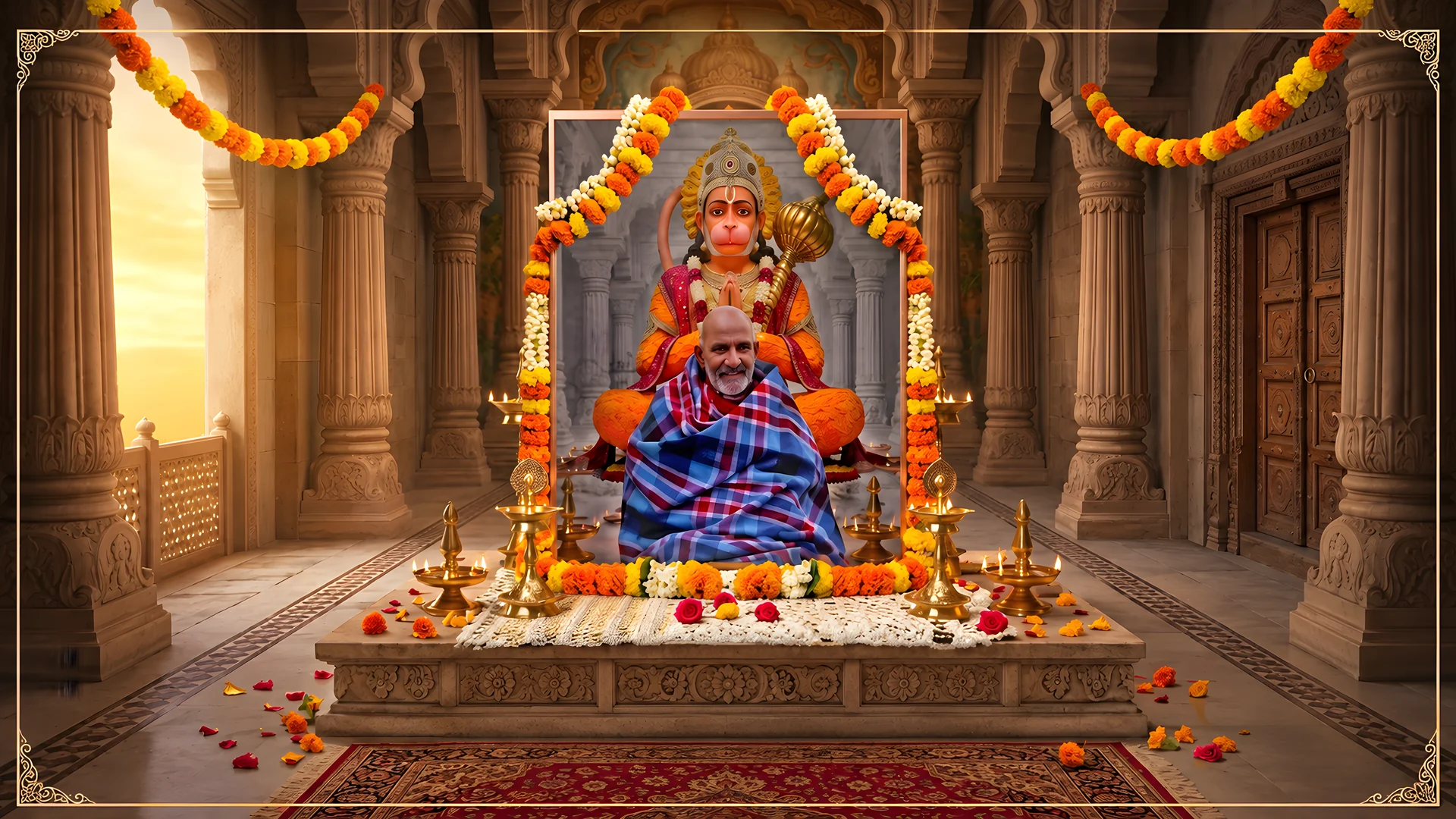 Devotional artwork of Neem Karoli Baba seated before Hanuman in a flower-decorated temple